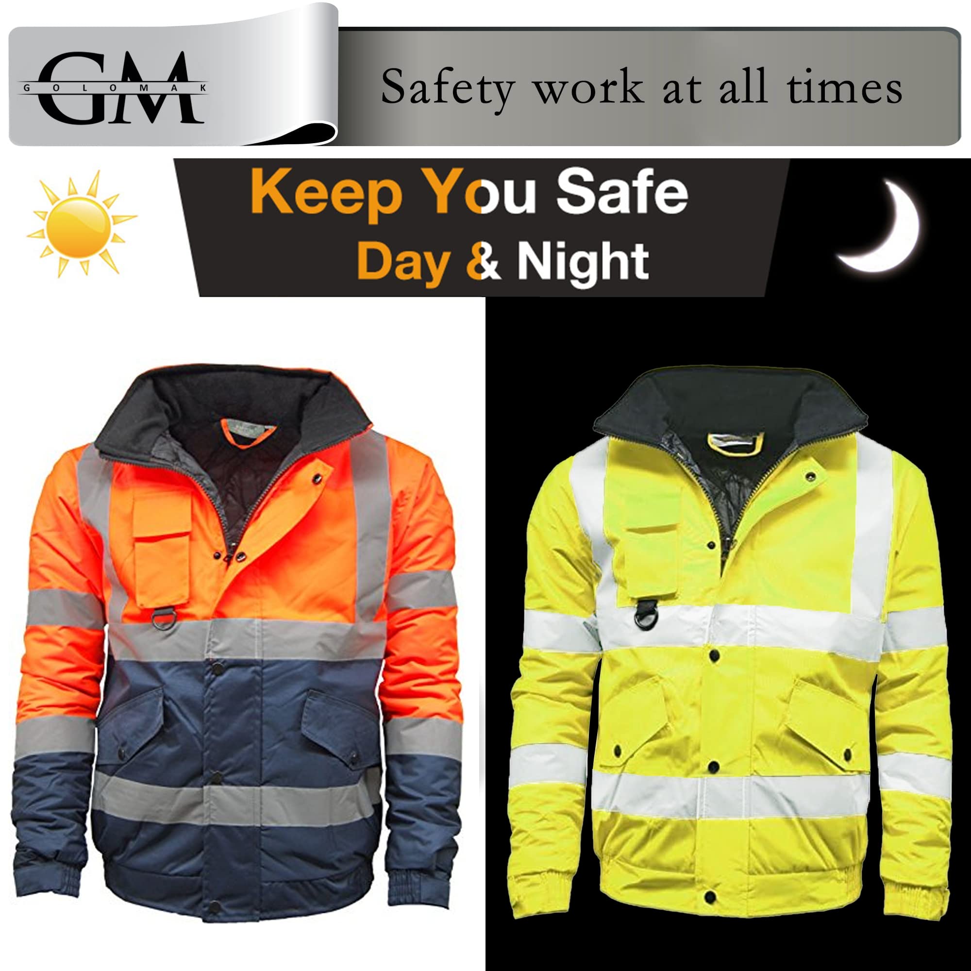 Golomak® Hi Vis Viz Bomber Jacket High Visibility Workwear Safety Security Hooded Padded Waterproof Taped Seams Work Wear Coat Top (Orange, Medium)